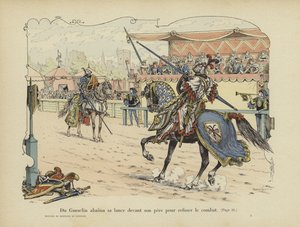 Bertrand du Guesclin baja su lanza ante su padre para significar su negativa a luchar contra él, Rennes, 1337